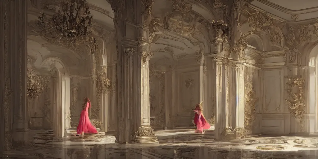 Prompt: in the bathroom of an incredible palace with the beautiful Natalia Vodianova, Raphaël Lacoste, matte painting, artstation