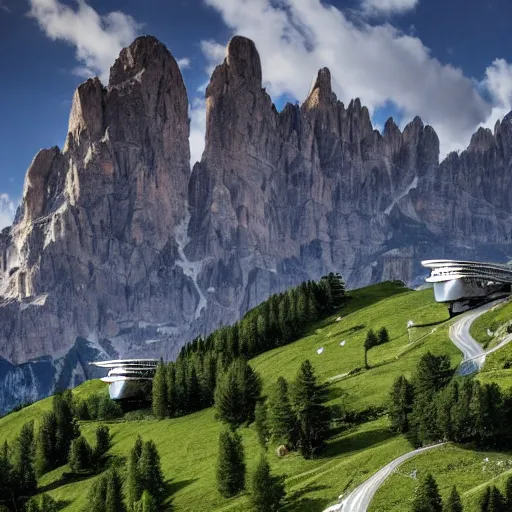 Image similar to a futuristic city in the dolomites