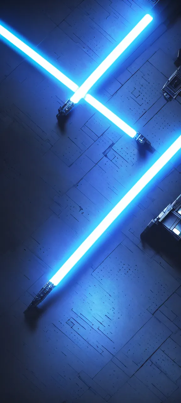 Prompt: detailed cinematic render, of a blue cyberpunk lightsaber lying vertically on a detailed forst floor, in a dark room, photo from above, octane render 8 k, digital art, lightsaber wallpaper 4 k, ray tracing, jedi fallen order lightsaber wallpaper 4 k, cal kestis lightsaber wallpaper