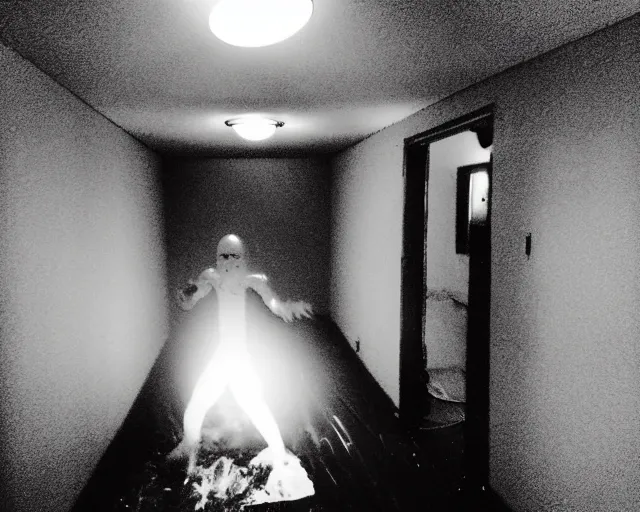 Image similar to horror demon evil transparent spirit attacks in baby - room interior photo shot on iphone, dynamic pose, close body shot, sharp focus, grainy, corpse, paranormal, long exposure, flashlight, night, total darkness, poltergeist, aberrations,