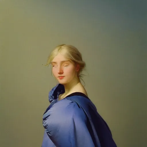 Prompt: a young woman's face, her hair is white and she wears an indigo blue satin cloak, by ivan aivazovsky and syd mead and moebius and gaston bussiere and roger dean and pieter claesz and paul delaroche and alma tadema and aelbert cuyp and willem kalf, hyperrealistic, volumetric light, octane render