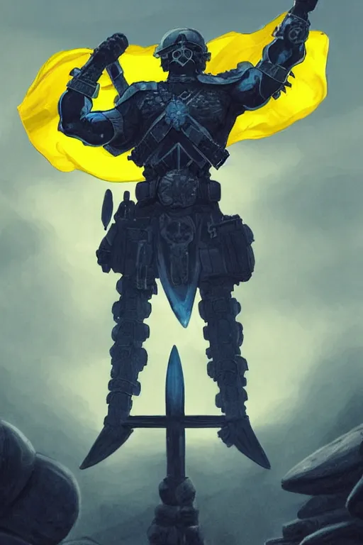 Prompt: a distant shot of a Ukrainian super soldier with blue and yellow flag behind him and a trident symbol on the chest standing alone on a huge pile of skulls posing as a winner in a beam of light from the cloudy sky, masculine muscular figure, D&D, fantasy, intricate, elegant, highly detailed, extremely detailed, digital painting, artstation, concept art, matte, smooth, hyper realistic, sharp focus, illustration, art by Artgerm and Greg Rutkowski and Alphonse Mucha