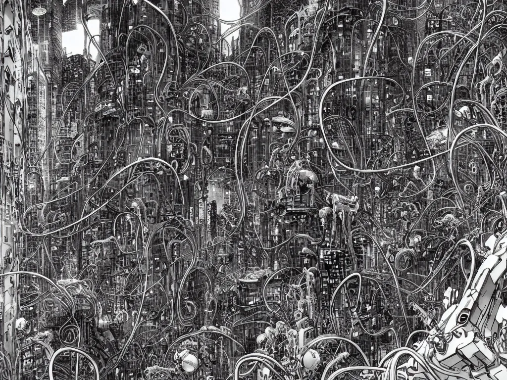 Image similar to cyborg monsters with tentacles and wires in detailed huge cybernetic mega city with wires in space, by nihei tsutomu