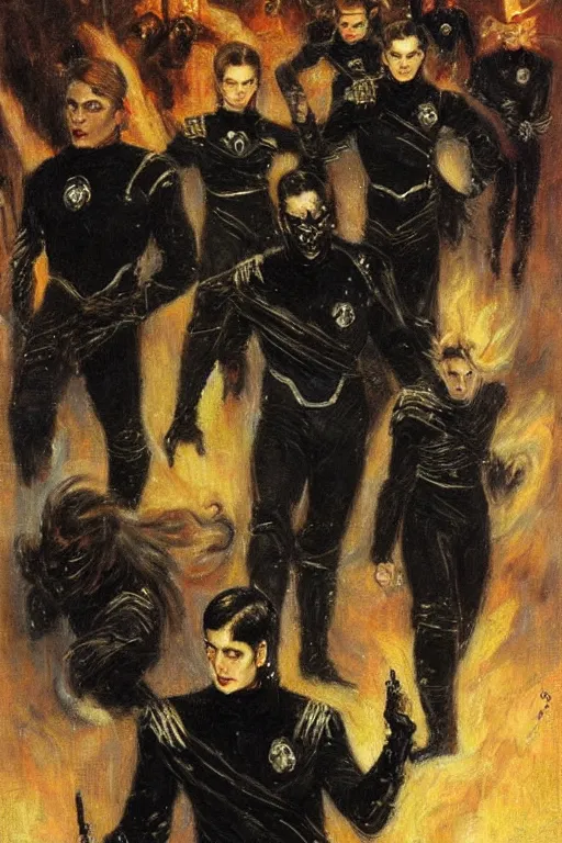 Prompt: evil star fleet officers dressed in all black. art by gaston bussiere.