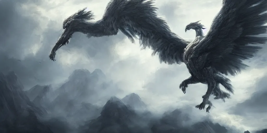 Image similar to a giant griffin ascending to the clouds, concept art, digital illustration, trending on artstation, deviantart, artgerm, epic composition, masterpiece, highly detailed, advanced technique, ambient lighting, wlop, ross draws