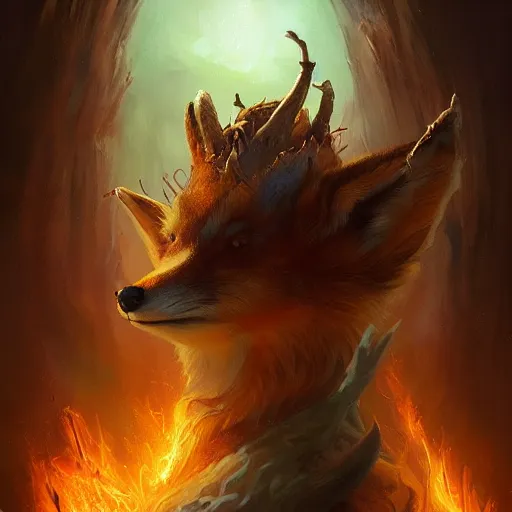 Image similar to anthropomorphic druidic fox in a vortex of flame, 8k resolution matte fantasy painting, cinematic lighting, DeviantArt Artstation, Jason Felix Steve Argyle Tyler Jacobson Peter Mohrbacher