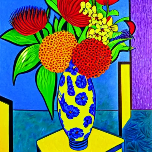 Prompt: a painting of a vase with flowers in it, an art deco painting by howard arkley, pixabay contest winner, neo - fauvism, fauvism, vibrant colors, oil on canvas