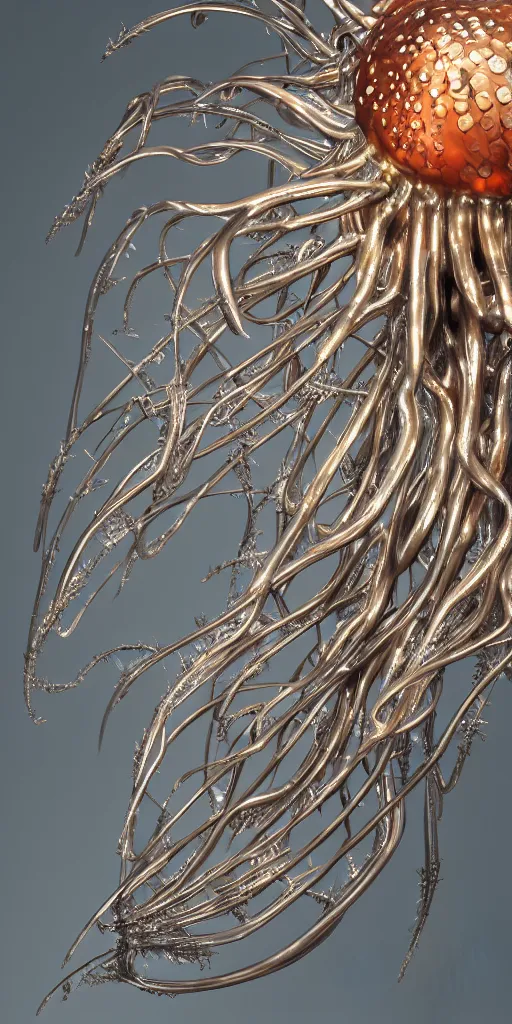 Image similar to a photorealistic render of a metallic neotribal jellyfish sculpture, with thorns, made of liquid metal, c 4 d, by zhelong xu and ernst haeckel, wide angle, hyper realistic, plain background, 8 k, volumetric lightning, octane render