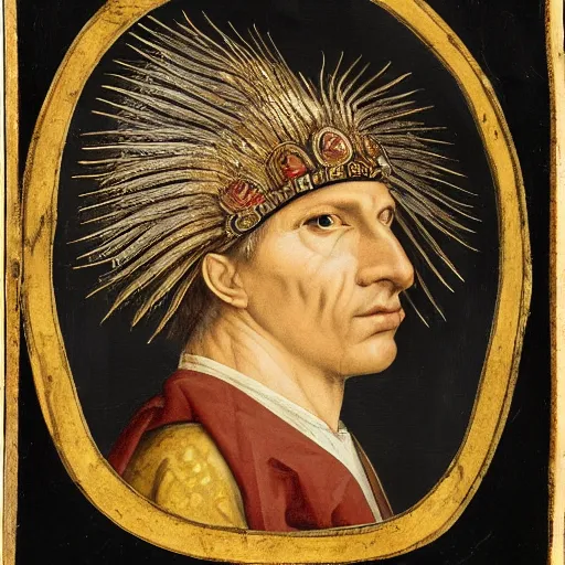 Prompt: a renaissance style portrait of a Bonelli's eagle (Aquila fasciata) wearing a crown and a cape, dark background