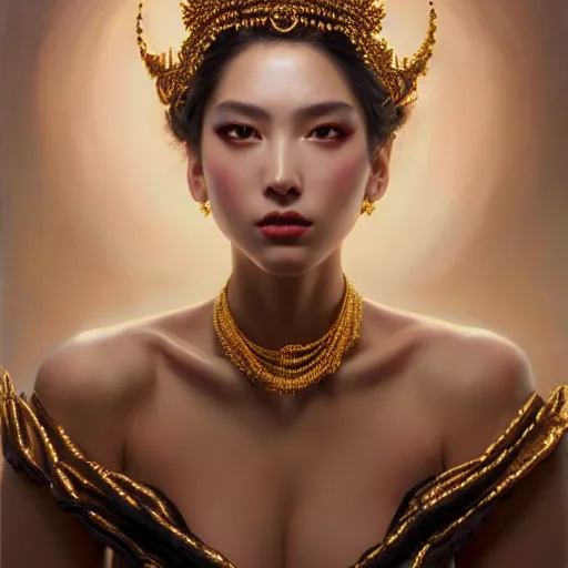 Prompt: expressive oil painting, of alluring european princess, smoldering seductive look, smooth glowing skin, glistening body, love, adoration, blushing, ornate headpiece of black beads, glamour shot, by yoshitaka amano, by greg rutkowski, by jeremyg lipkinng, by artgerm, digital art, octane render, white robes