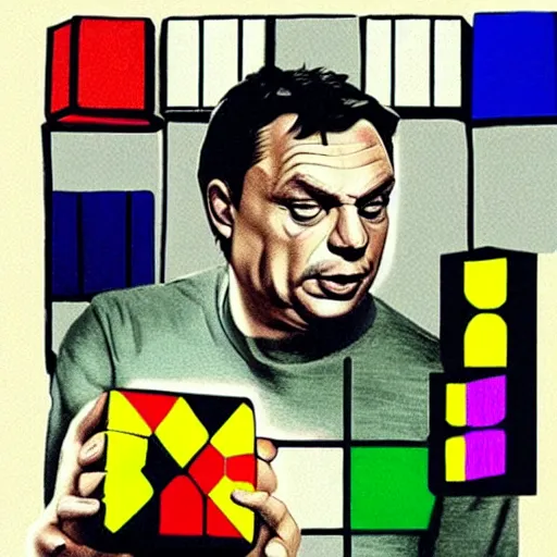 Prompt: portrait of viktor orban in training shorts confused by a rubik's cube, highly detailed illustration by boris vallejo