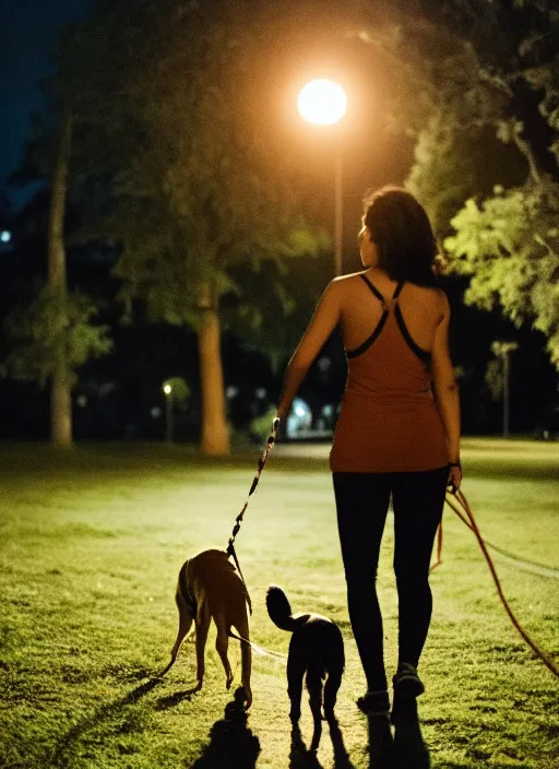 Image similar to young brown woman walking her dog in a park at night with a full moon