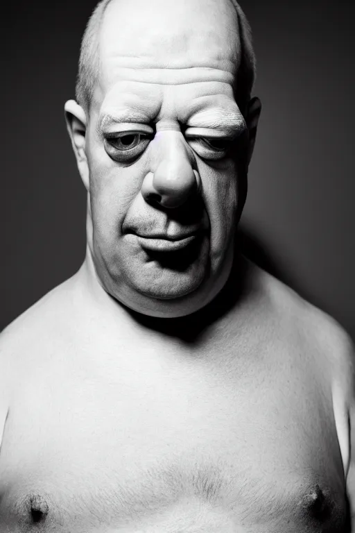 Prompt: studio portrait of man that looks excactly like homer simpson, lookalike, as if homer simpson came to life, soft light, black background, fine details, close - up, award winning photo by kenneth willardt