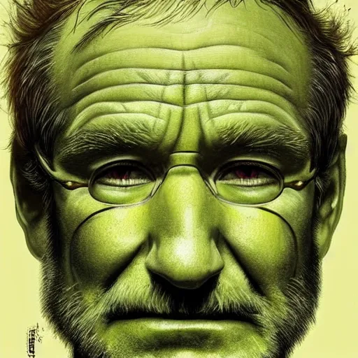 Image similar to a Demon Slayer portrait of Robin Williams, tall, pale-skinned, slender with lime green eyes and long eyelashes by Stanley Artgerm, Tom Bagshaw, Arthur Adams, Carne Griffiths, trending on Deviant Art, street art, face enhance, chillwave, maximalist, full of color, glittering