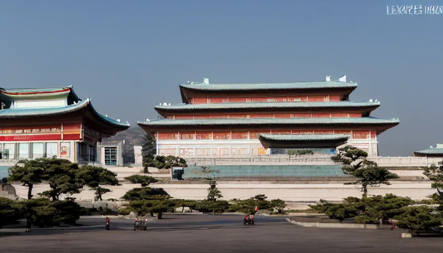 Prompt: 2020s movie still of empty north-korean royal restaurant palace, Leica SL2 50mm, high quality, higly detailed