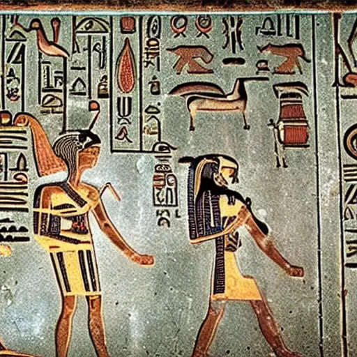 Image similar to an ancient hieroglyphic depiction go karts racing