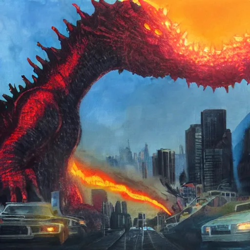 Image similar to oil painting of godzilla conquering e destroying a city, cinematic lighting