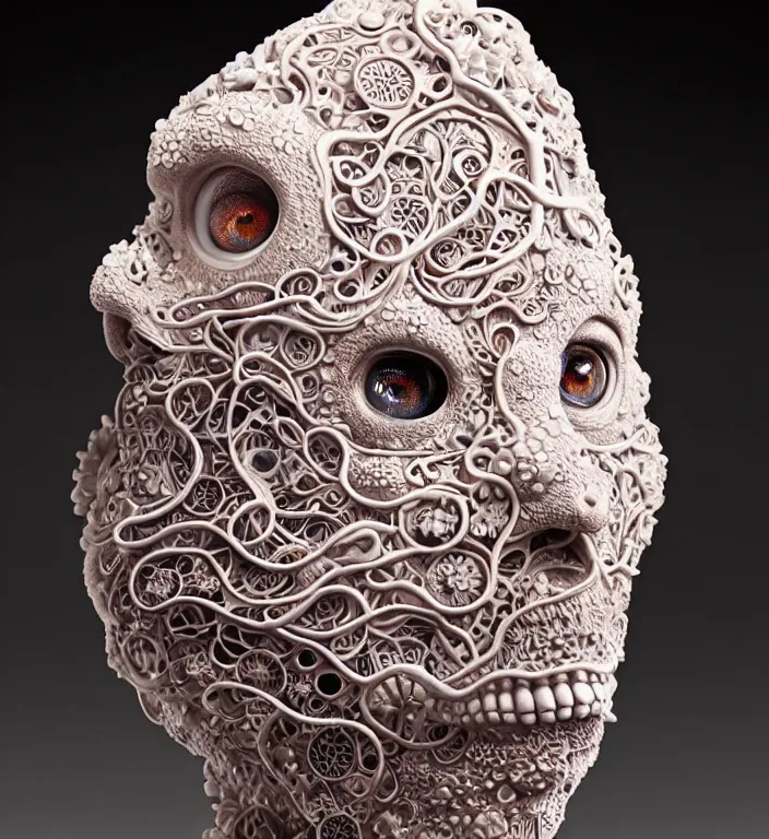 Prompt: Monster, A Close up photo-real delicate ceramic porcelain sculpture of a symmetrical ornate detailed in front of an intricate background by Victo Ngai and takato yamamoto, micro detail, backlit lighting, face in focus, subsurface scattering, translucent, thin porcelain, octane renderer, colorful, physically based rendering, japanese pottery, trending on cgsociety