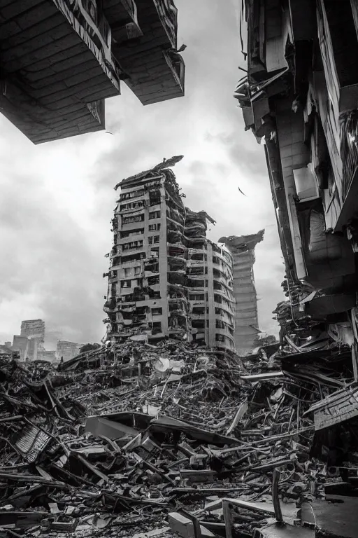 Image similar to tsunami in taipei. buildings collapsing. highly detailed architecture, atmosphere, dramatic light, epic composition, wide angle, by miyazaki, nausicaa ghibli