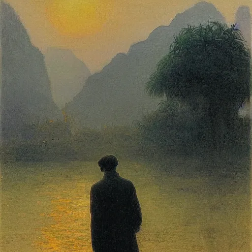 Prompt: a young man in guilin, by caspar david friedrich, by henry ossawa tanner, mist, sunrise