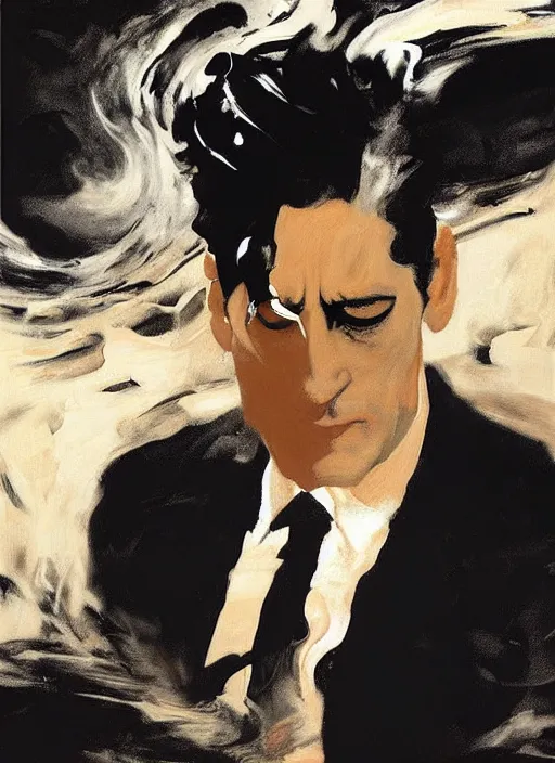 Prompt: dale cooper drowning in coffee, black waves, painting by phil hale, fransico goya, david lynch,'action lines '!!!, graphic style, visible brushstrokes, motion blur, blurry