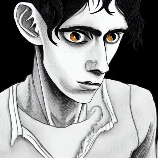 Image similar to young man portrait, black hair, skinny, sleep deprived, corpse bride art style