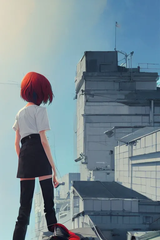 Image similar to A ultradetailed beautiful panting of a stylish girl standing on a rooftop, she is wearing streetwear, by Ilya Kuvshinov, Greg Rutkowski and Makoto Shinkai