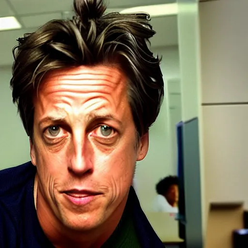 Prompt: cross between michael schumacher and hugh grant sits at a desk and stares at a screen with a concerned expression, optimal focal length