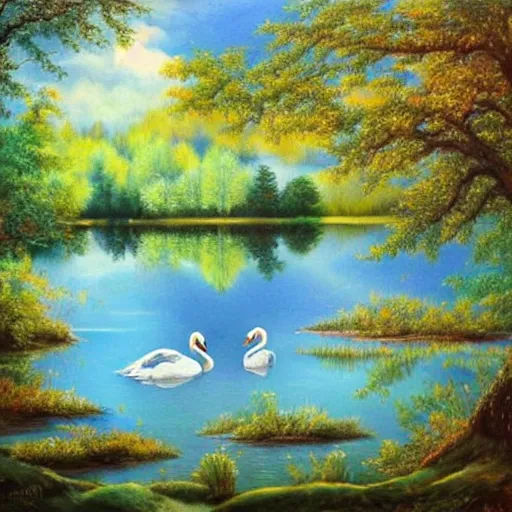 Image similar to painting of a small lake with two swans in it, in a forest, blue water, stunning colors, fairytale