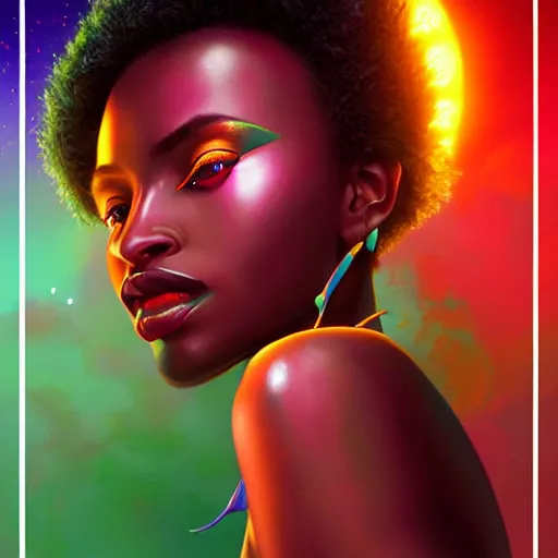 Prompt: african neon goddess, science fiction, highly detailed, digital painting, beautiful eyes, symmetry, concept art, sharp focus, illustration, global illumination, radiant light, synthwave colors, detailed and intricate environment, art by artgerm and greg rutkowski and magali villeneuve and ilya kuvshinov!