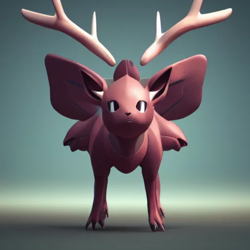 Image similar to a air type pokemon, flying deer pokemon, skin reflexion zbrushcentral matcap :: by beeple by Raffaello Sanzi and Chao Teng Zhao :: centered,pixar and dreamwork artstation, smooth, sharp focus, octane render, 3d rim light