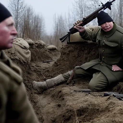 Prompt: Putin is sitting in the trenches and defending himself from Ukrainian troops, cinematic style