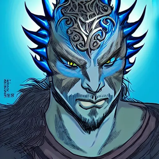 Image similar to head and shoulders porrtrait of a medieval fantasy anthropomorphic blue dragon - human hybrid with electrcity magic, fantasy, d & d, high details, art by phil noto and frank miller