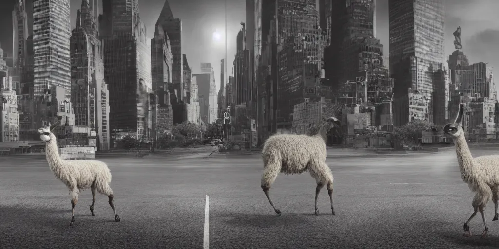 Prompt: a llama walking away from the camera into a desolate manhattan city street at night, statue of liberty seen in the background, realistic 4 k octane beautifully detailed render, 4 k post - processing, highly detailed, detailed face, intricate complexity, epic composition, magical atmosphere, cinematic lighting, masterpiece, ultra hd