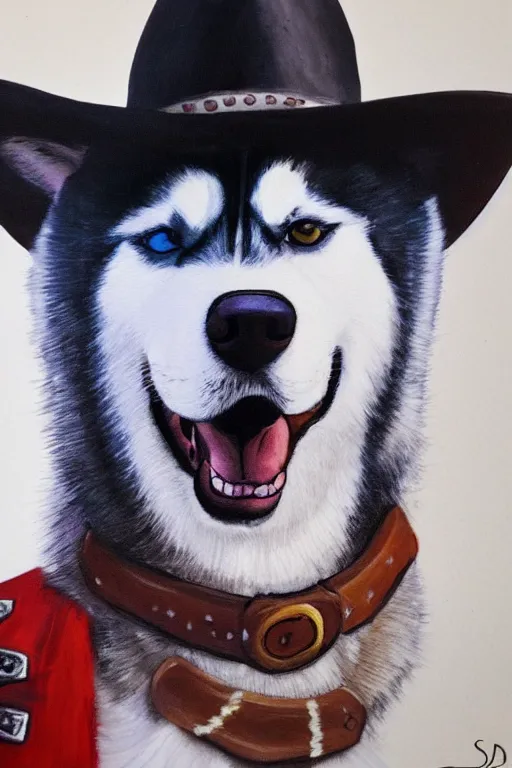 Image similar to a portrait painting of a husky in cowboy costume, wearing a cowboy hat, by studio ghibli, in the style of anime, [ red dead ], humanoid, personify, anthropomorphic, trending on artstation