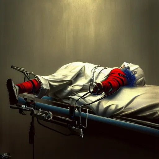 Prompt: crazy clown lying in hospital bed with wrist restraints on, restraints straps attached to hospital bed siderails, greg rutkowski, photograph, 8 k