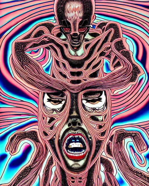 Prompt: Body breaking apart, Conjuring Psychedelic Illustration by Shintaro Kago, ultra realistic, highly detailed, hypermaximalist, 8k, symmetry, grotesque, vibrant,