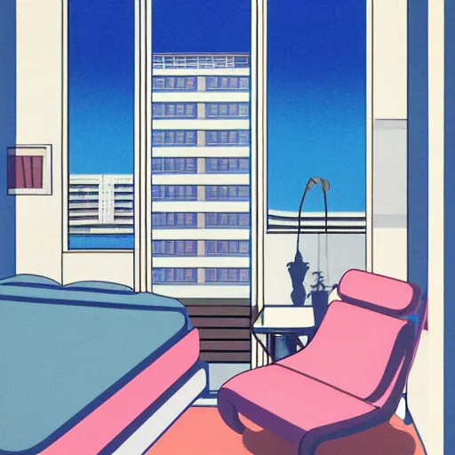 Image similar to apartment bedroom, by hiroshi nagai