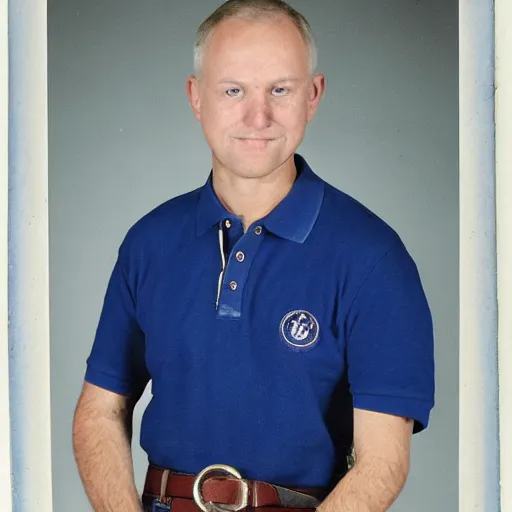 Prompt: preston hawkes wearing a blue collared polo shirt with blue jeans holding a protractor in one hand and a sword in the other hand, studio portrait