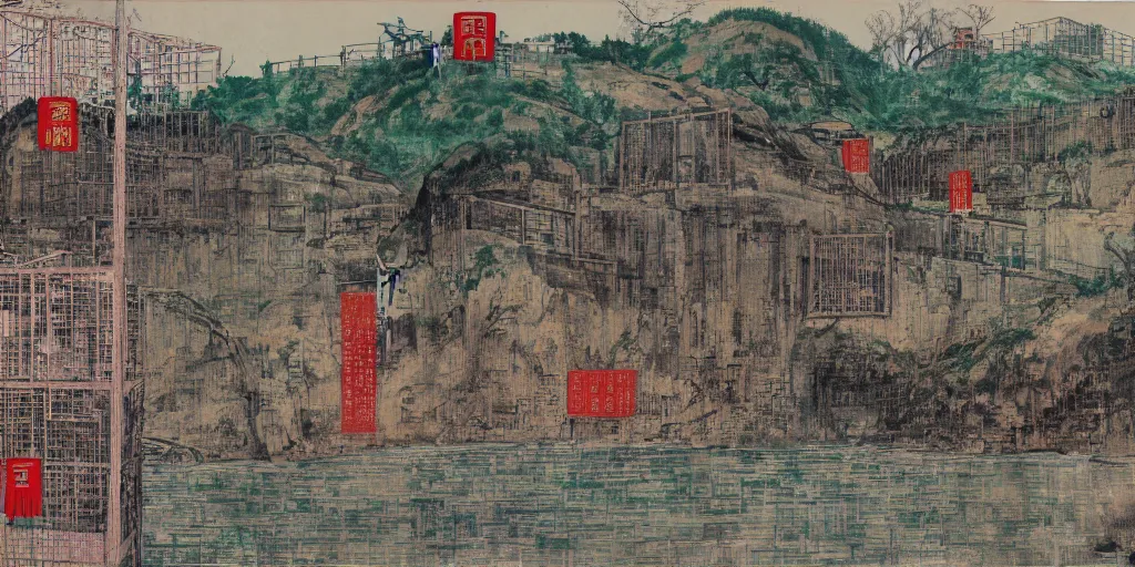 Image similar to a chinese prison near a river by peter doig, overlaid with chinese adverts