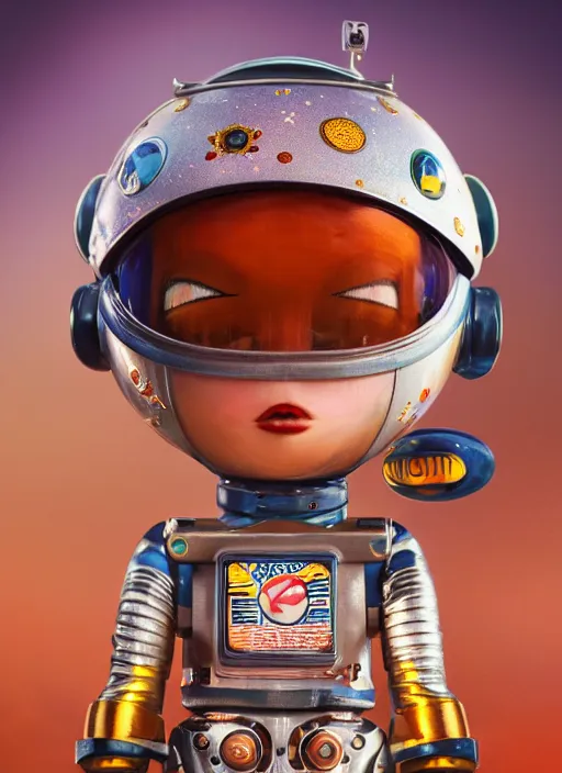 Image similar to closeup portrait of tin toy askimo spacegirl in a spaceship on mars, depth of field, zeiss lens, detailed, symmetrical, centered, fashion photoshoot, by nicoletta ceccoli, mark ryden, lostfish, breathtaking, 8 k resolution, extremely detailed, beautiful, establishing shot, artistic, hyperrealistic, octane render