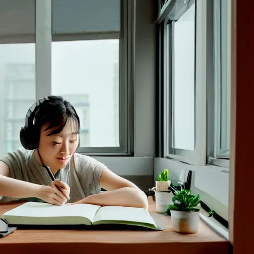 Prompt: A relaxed expressive painting of a Korean girl sat writing in a journal while wearing headphones illuminated by a desk lamp, in the background is a window overlooking a rainy city, with a cat resting on the window cill, a relaxed and dreamy atmosphere, highly detailed, 8K