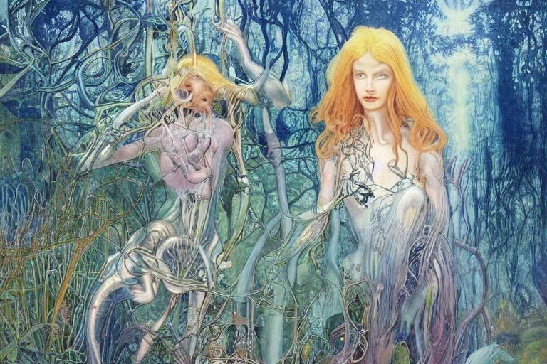 Image similar to realistic detailed portrait painting of a beautiful ghost woman with blond hair with an alien, futuristic sci-fi forest on background by Jean Delville, Amano, Yves Tanguy, Alphonse Mucha, Ernst Haeckel, Edward Robert Hughes, Roger Dean, rich moody colours, blue eyes