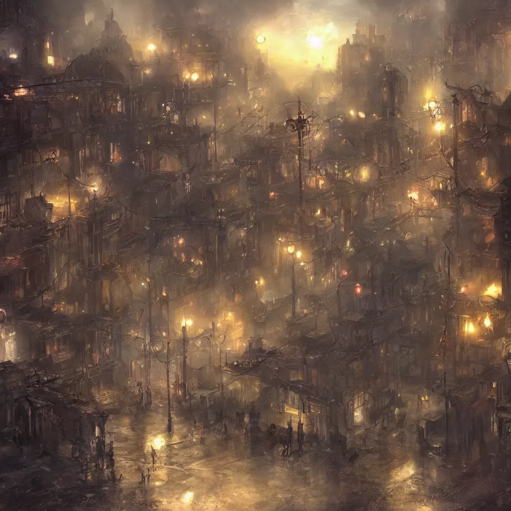 Image similar to steam punk city under attack, concept art, magic, light rain