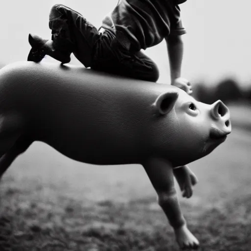 Image similar to illustration of boy riding pig, black and white, cinestill, 800t, 35mm, full-HD