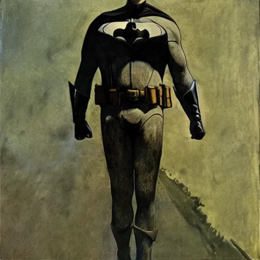 Prompt: Andrew Wyeth artwork, Batman in the city