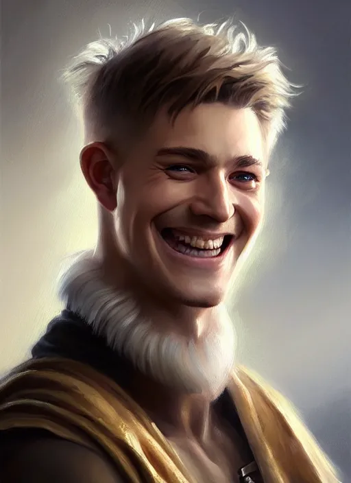 Image similar to a _ fantasy _ style _ portrait _ painting _ of white male short fringe light brown hair short face grinning, rpg dnd oil _ painting _ unreal _ 5 _ daz. _ rpg _ portrait _ extremely _ detailed _ artgerm _ greg _ rutkowski _ greg