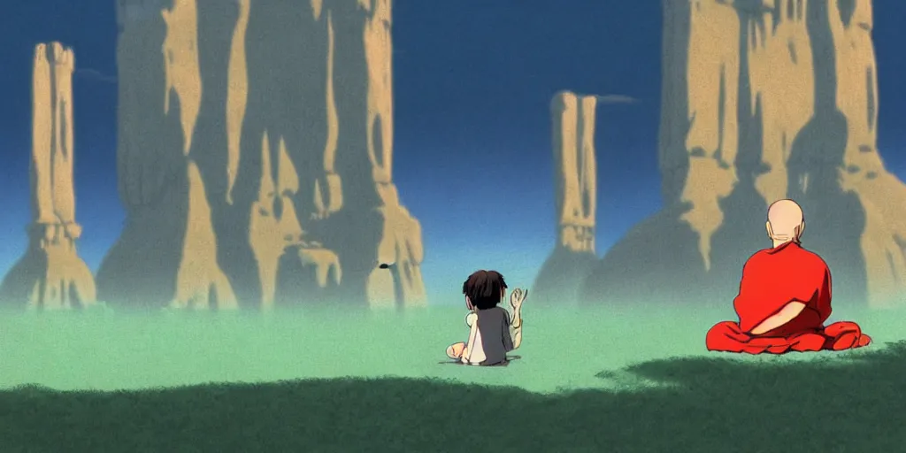 Image similar to a realistic cell - shaded studio ghibli concept art from paprika ( 2 0 0 6 ) of a monk meditating and a small mammoth from close encounters of the third kind ( 1 9 7 7 ) in a flooded monument valley stonehenge. very dull colors, wide shot, hd, 4 k, hq