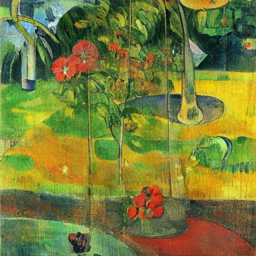 Prompt: a painting by gauguin of a small, intimate, well-designed garden