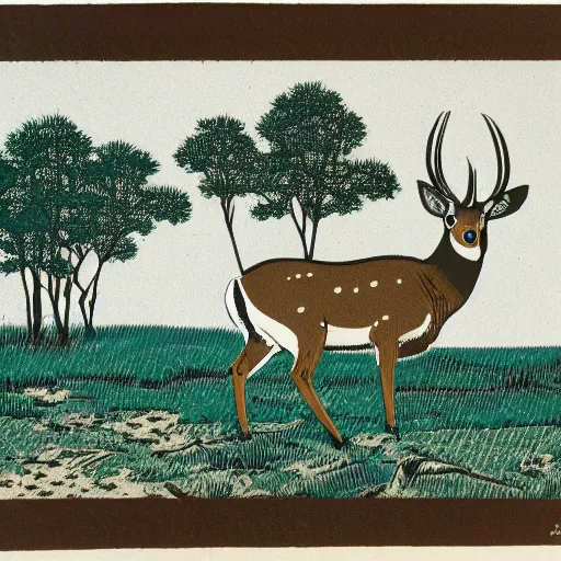 Image similar to mule deer, lush pastoral woodland scene, colored woodblock print